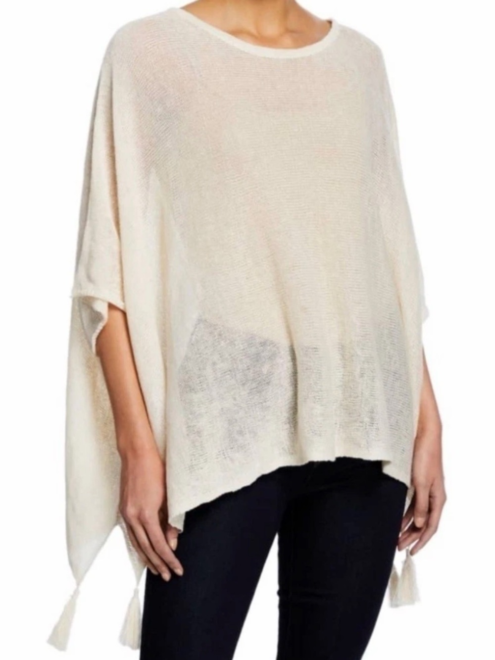 Johnny Was Calmé Cream Lightweight Draped Knit Poncho with Tassels XS/S